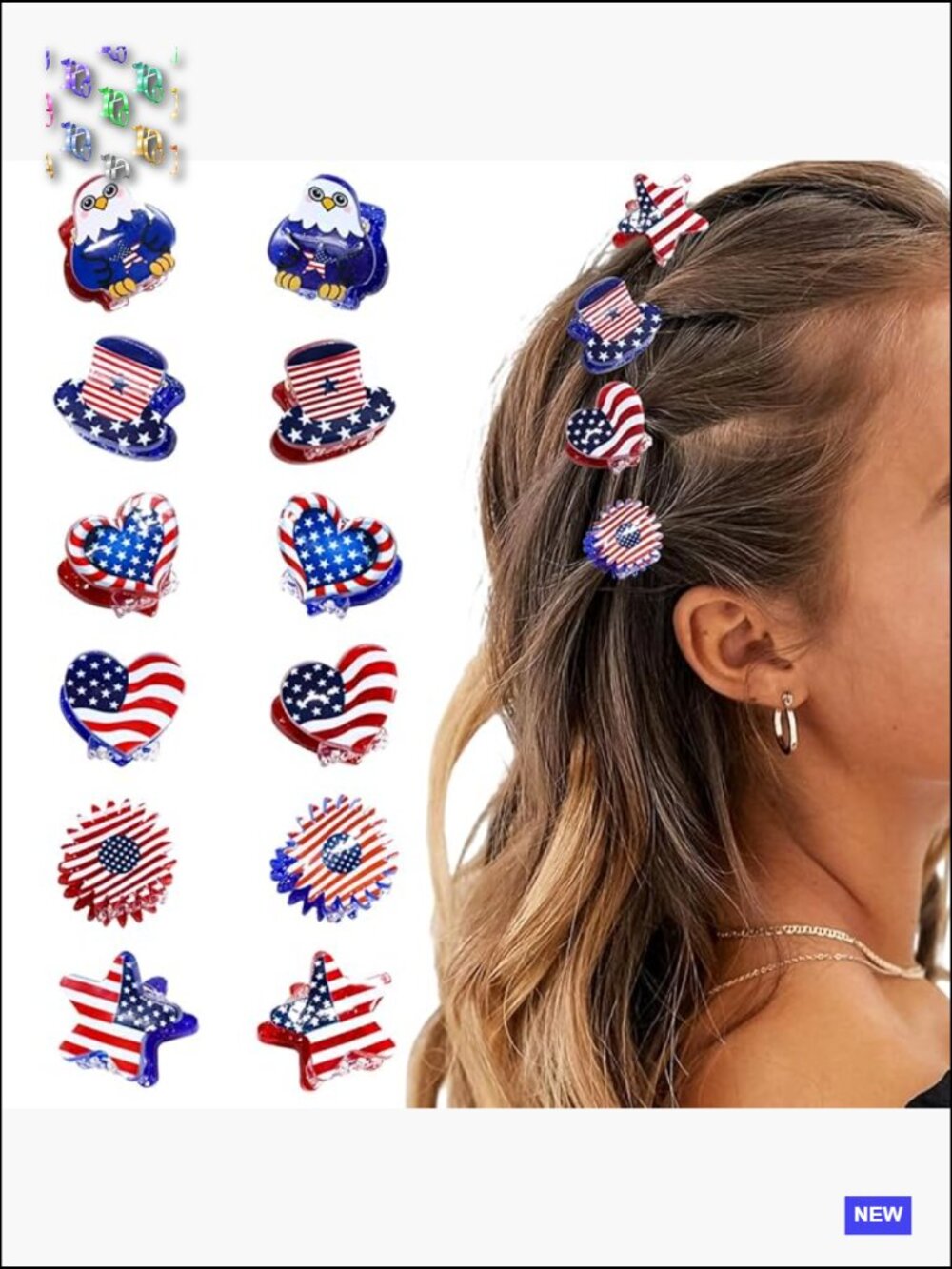 12 Patriotic Hair Claw Clips Mini Acrylic Non-Slip Secure Hold Festive Set